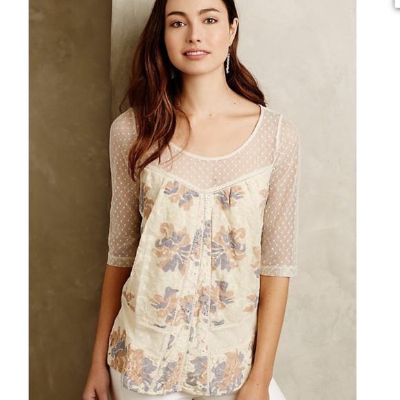 Anthropologie mesh top Y2K sheer Ivory Anja Floral Blouse Boho Lace Crochet XS - Picture 1 of 16